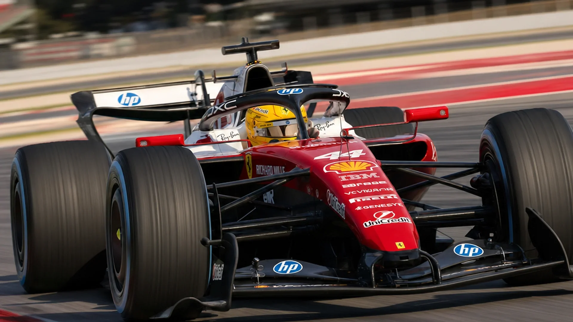 De rode Ferrari SF-26 vol op snelheid door een bocht op het circuit