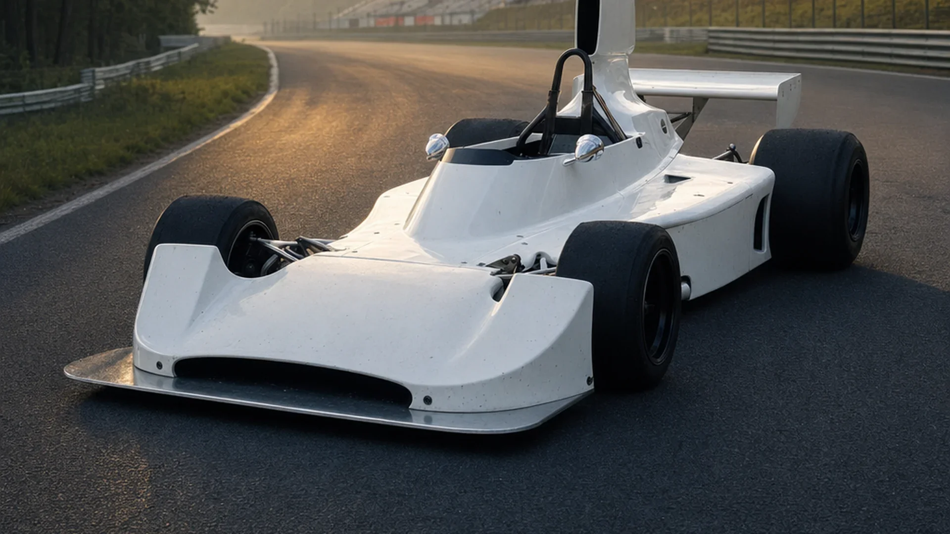 Een klassieke Formule 1-wagen uit de jaren zeventig op een verlaten boscircuit bij ochtendgloren