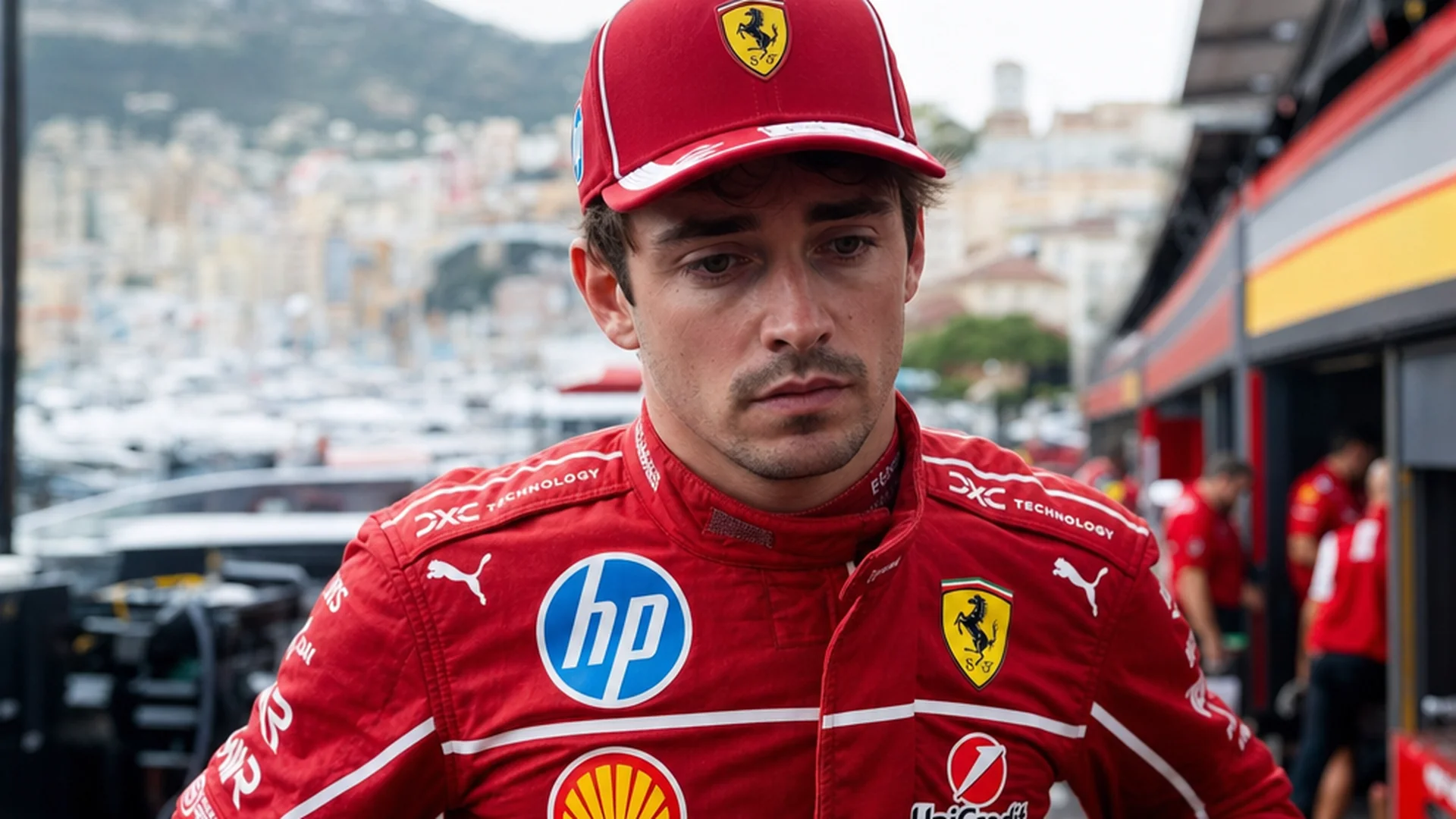 Charles Leclerc in Ferrari-pak en pet, teleurgesteld in de paddock van Monaco