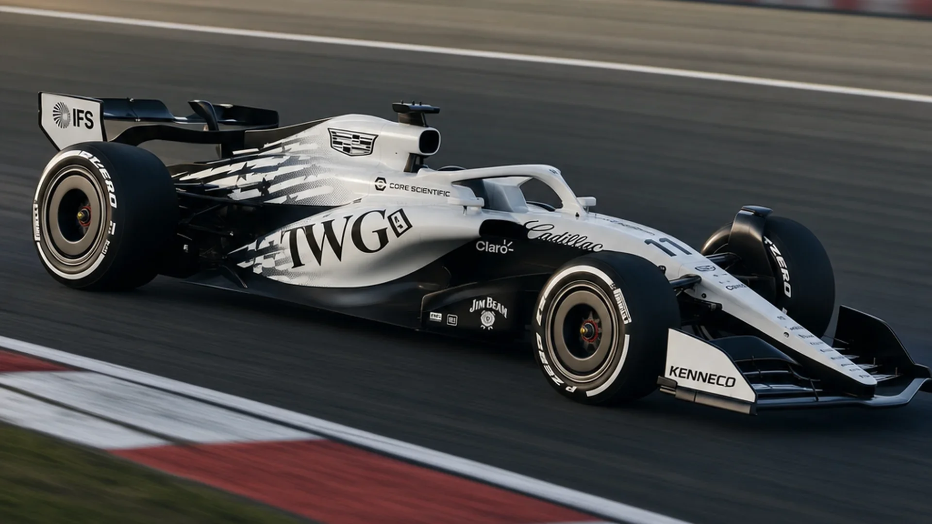 De Cadillac F1-bolide in wit-zwarte teamkleuren met startnummer 11 op het circuit