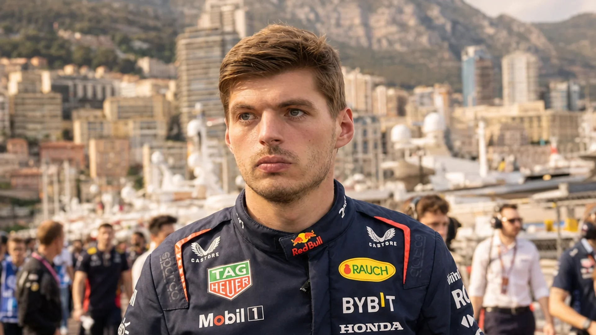 Max Verstappen in Red Bull-pak met de haven van Monaco op de achtergrond